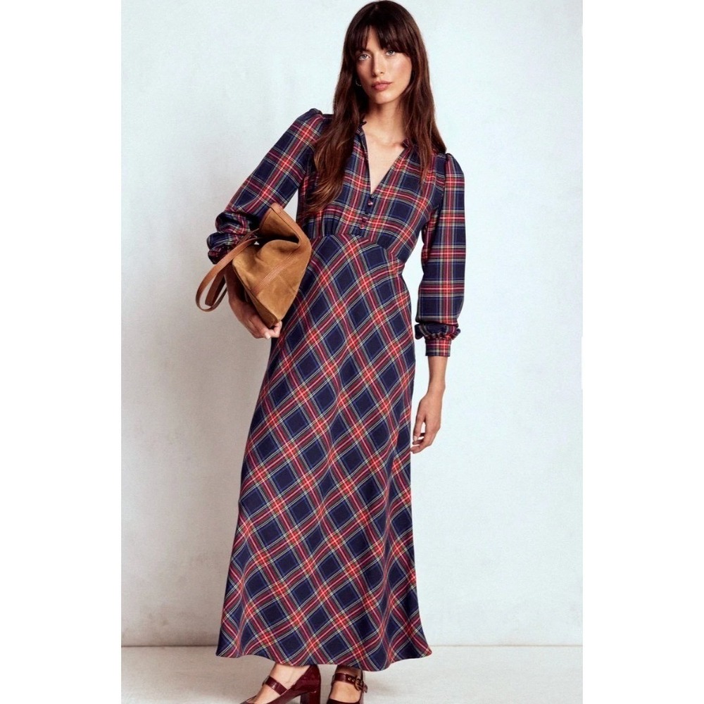 Boden Navy Red Tartan Plaid Ruffle V-Neck Midi Dress Long Sleeve Size 12R - Picture 2 of 12
